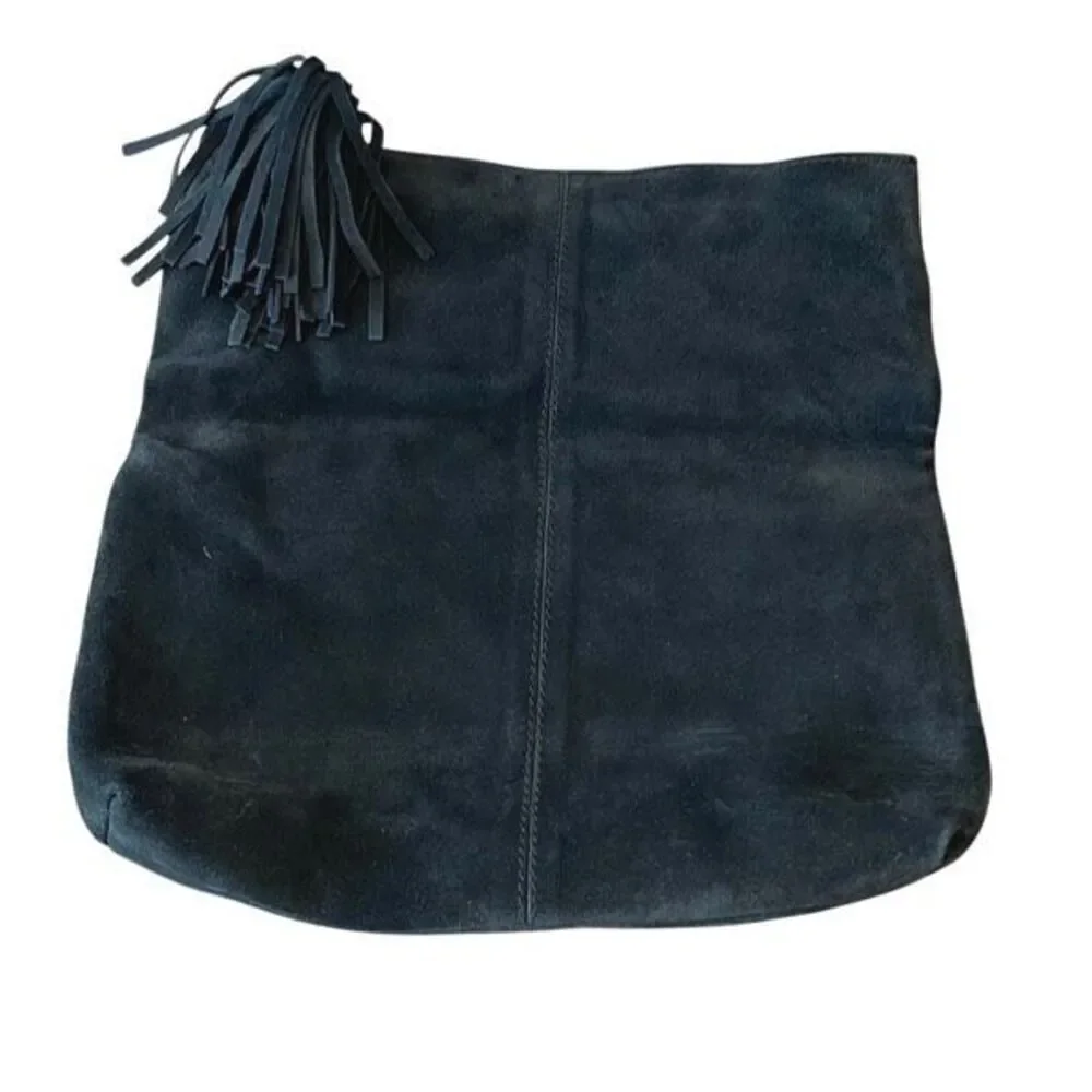 Leith Womens Suede Leather‎ Tassel Detail Zip Top Foldover Flap Clutch Black OS